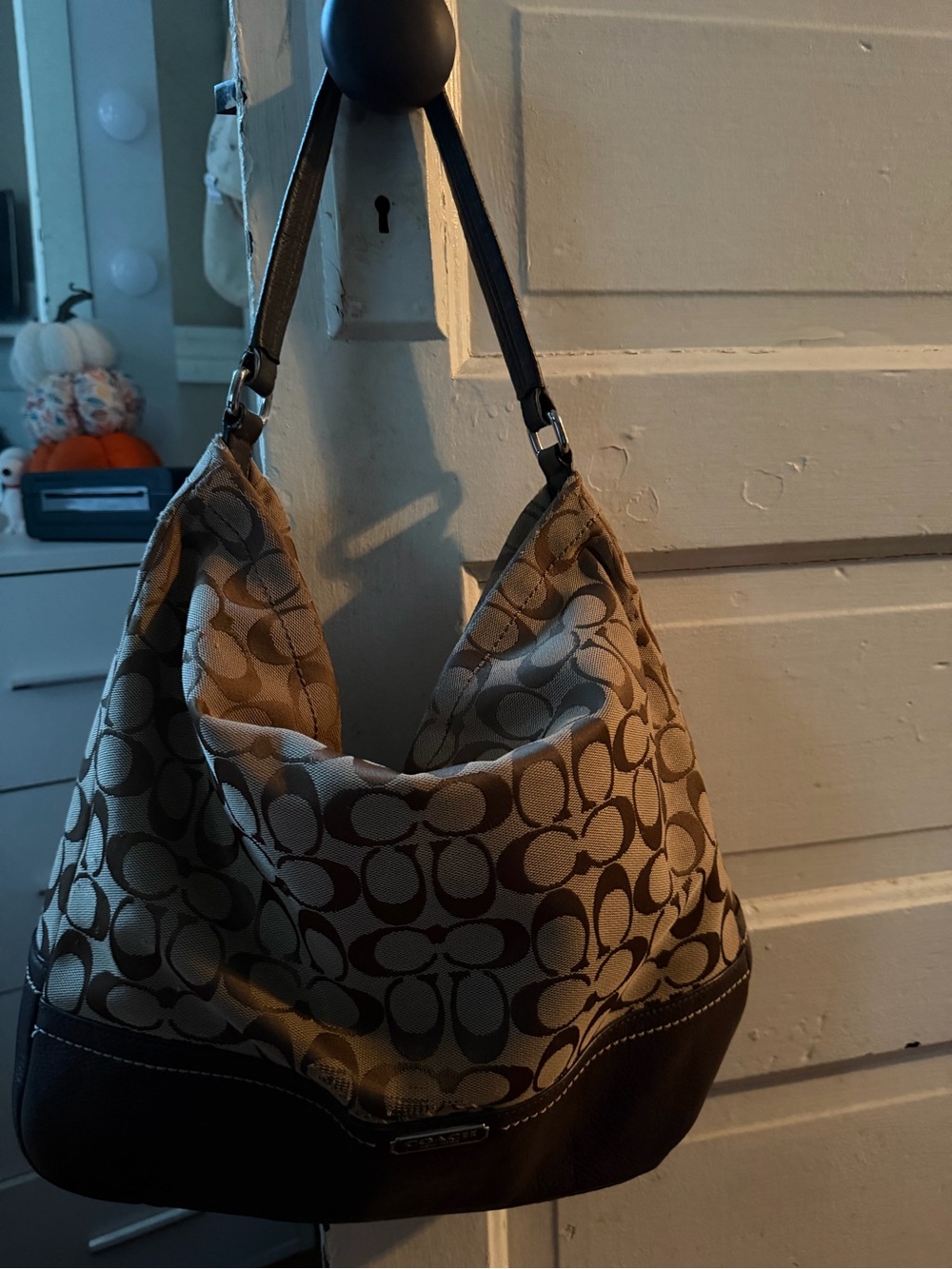 Coach Beige and Brown Signature Canvas Shoulder Hobo